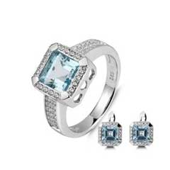 7.84 Carat Cushion Cut Natural Sky Blue Topaz Ring and Earring Set