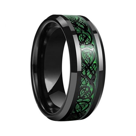8mm Black Tungsten Ring With Green Carbon Fiber Inlay