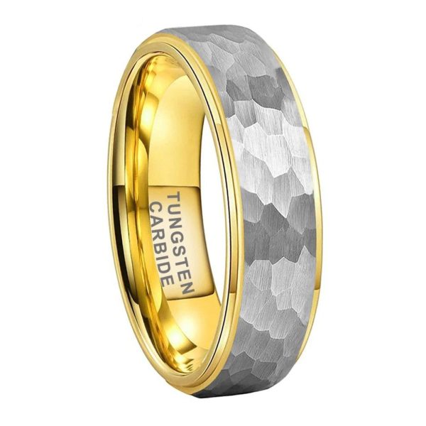 8mm Two Tone Gold Hammered Tungsten Ring