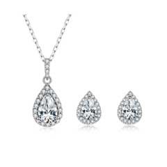 Pear Shape Moissanite Gemstone Necklace and Earrings with Halo