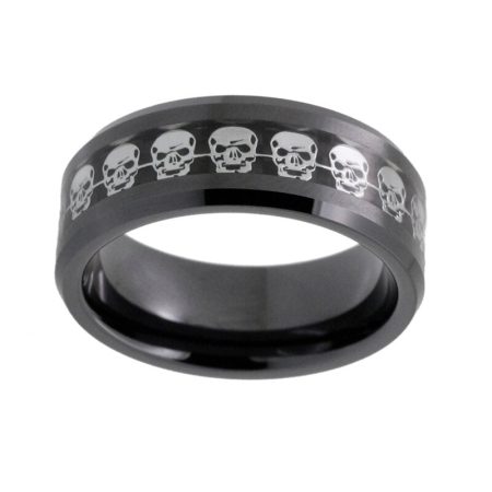Black Tungsten Carbide Ring With Black Carbon Fiber And Skull Inlay