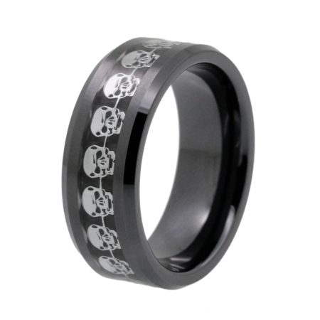 Black Tungsten Carbide Ring With Black Carbon Fiber And Skull Inlay