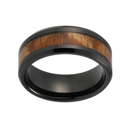 Black Tungsten Carbide Ring With Natural Wood Inlay