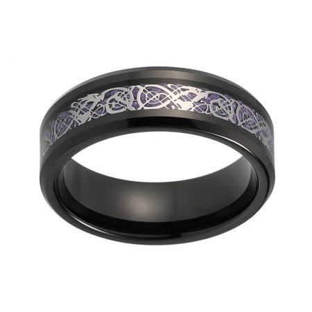 Black Tungsten Carbide Ring With Purple Carbon Fiber Dragon Inlay