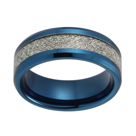 Clement Blue Tungsten Ring Wedding Band Ring With Meteorite Inlay