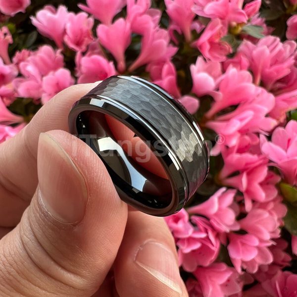 Dustin Black Hammered Tungsten Carbide Ring   Engagement Wedding Band