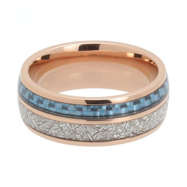 Eric Rose Gold Tungsten Carbide Ring With Blue Carbon Fiber Inlay