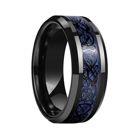 Finn Black Tungsten Ring With Blue Carbon Fiber And Black Dragon Inlay