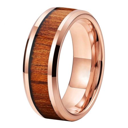 Lorenzo Rose Gold Tungsten Carbide Ring With Acacia Wood Inlay