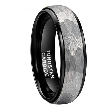 Luca Hammered Black Tungsten Ring Engagement Wedding Band Two Tone Domed