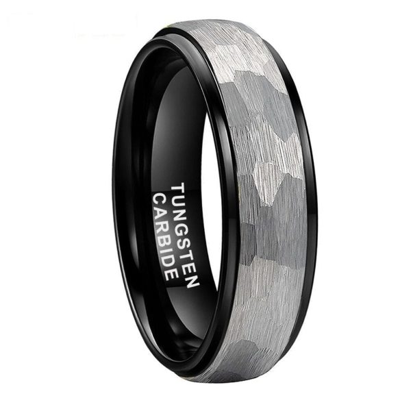 Luca Hammered Black Tungsten Ring Engagement Wedding Band   Two Tone Domed