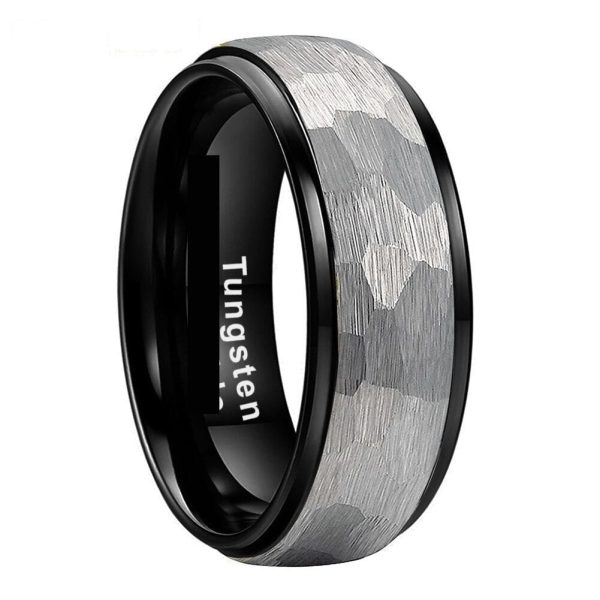 Luca Hammered Black Tungsten Ring Engagement Wedding Band   Two Tone Domed