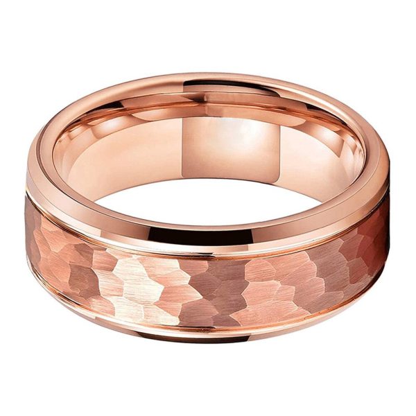 Marcello Rose Gold Hammered Tungsten Ring Engagement Wedding Band