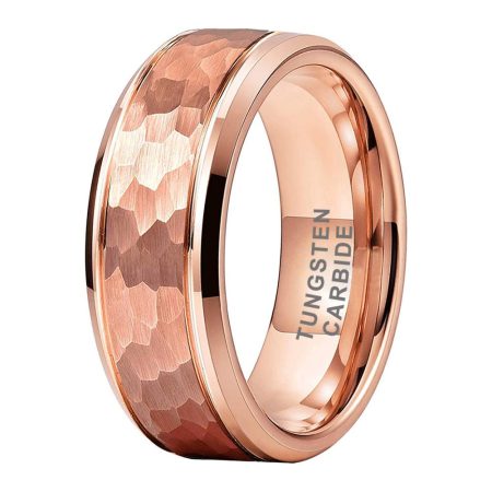 Marcello Rose Gold Hammered Tungsten Ring Engagement Wedding Band