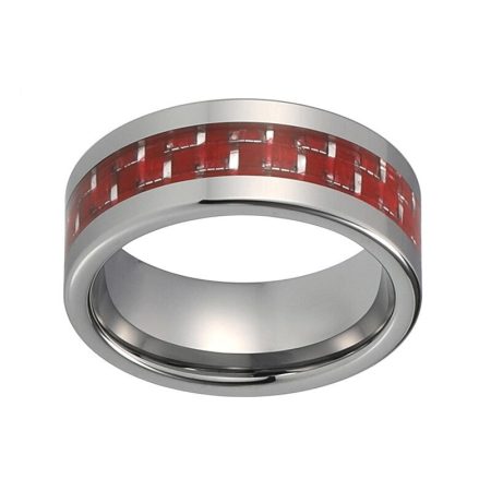 Men's Tungsten Carbide Wedding Band With Red Carbon Fiber Inlay