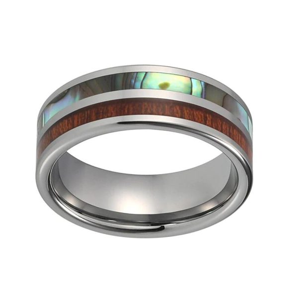 Mens Tungsten Carbide Ring With Abalone Shell And Koa Wood Inlay