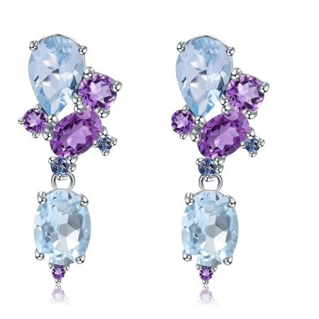 Natural Blue Topaz and Amethyst and Blue Sapphire Gemstone Stud Earrings