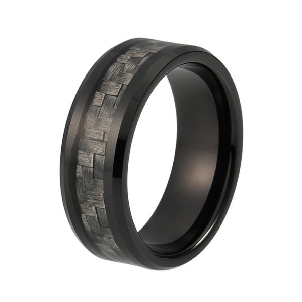 Xavier Black Tungsten Carbide Ring With Grey Carbon Fiber Inlay